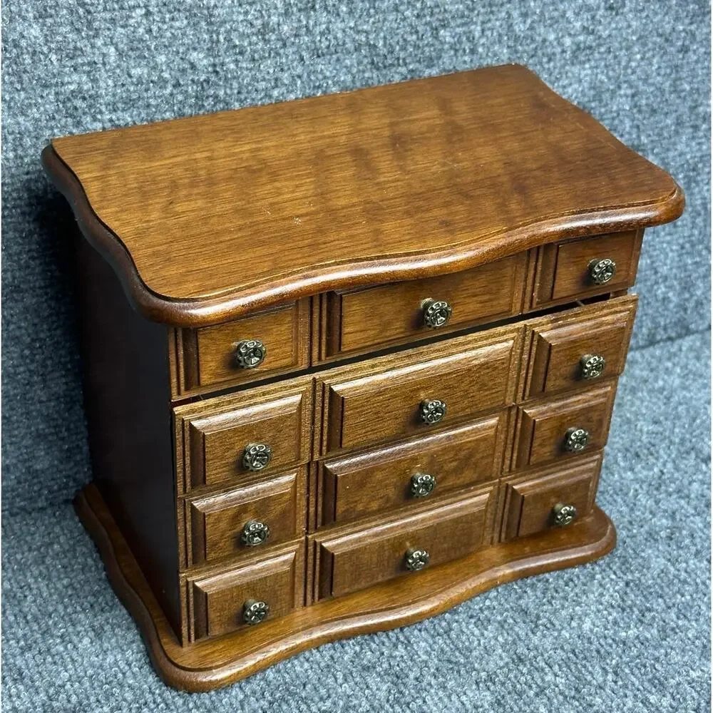 Vintage wooden jewelry box chest drawers hinged top three drawers velvet lined